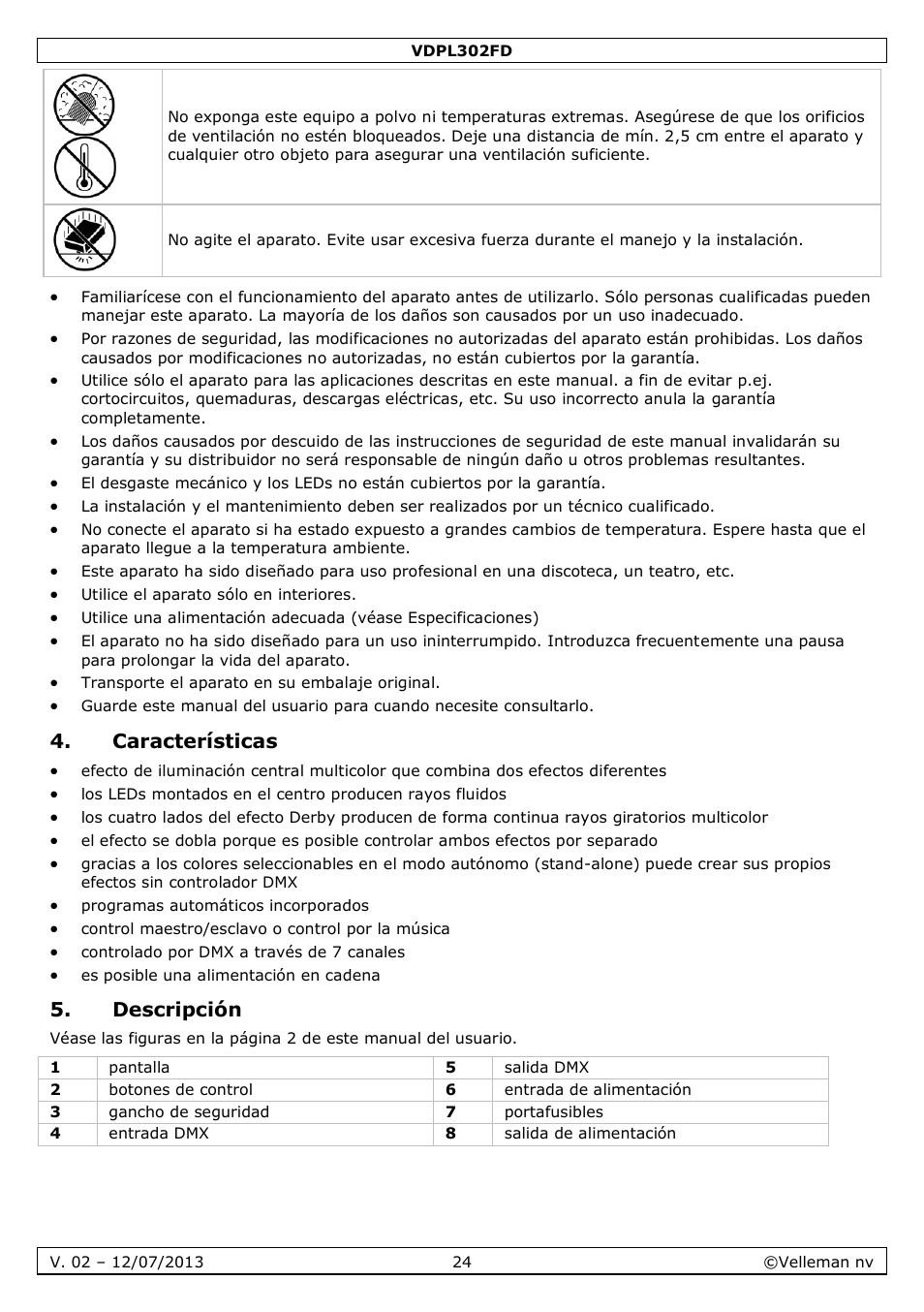 Características, Descripción | Velleman VDPL302FD User Manual | Page 24 / 38
