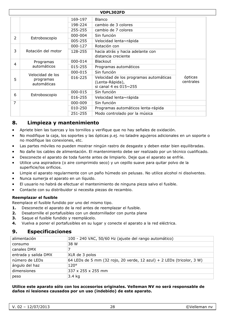 Limpieza y mantenimiento, Reemplazar el fusible, Especificaciones | Velleman VDPL302FD User Manual | Page 28 / 38