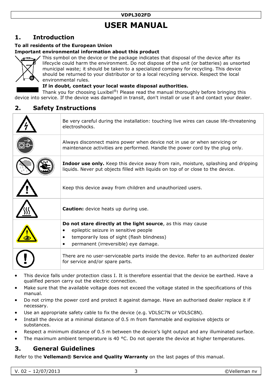 User manual, Introduction, Safety instructions | General guidelines | Velleman VDPL302FD User Manual | Page 3 / 38