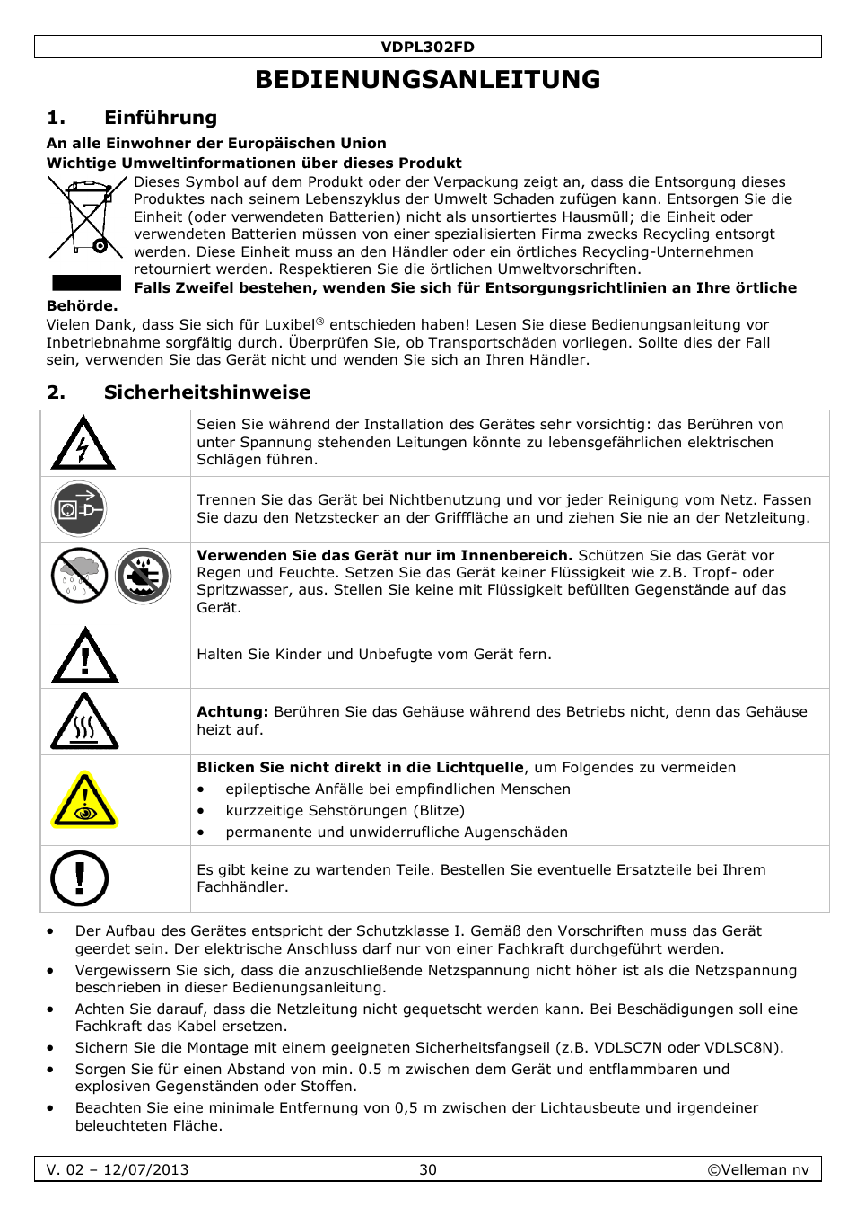 Bedienungsanleitung, Einführung, Sicherheitshinweise | Velleman VDPL302FD User Manual | Page 30 / 38