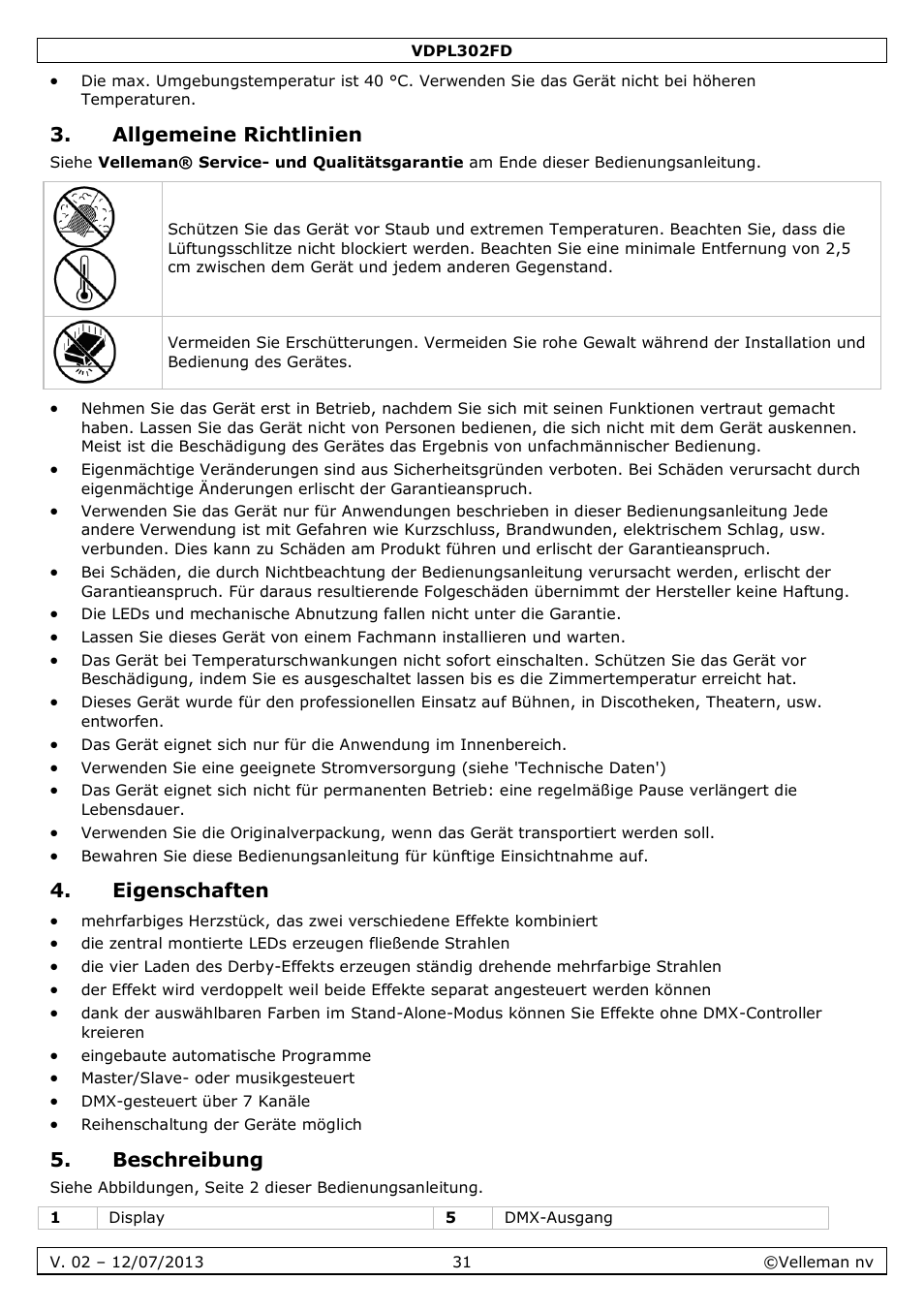 Allgemeine richtlinien, Eigenschaften, Beschreibung | Velleman VDPL302FD User Manual | Page 31 / 38