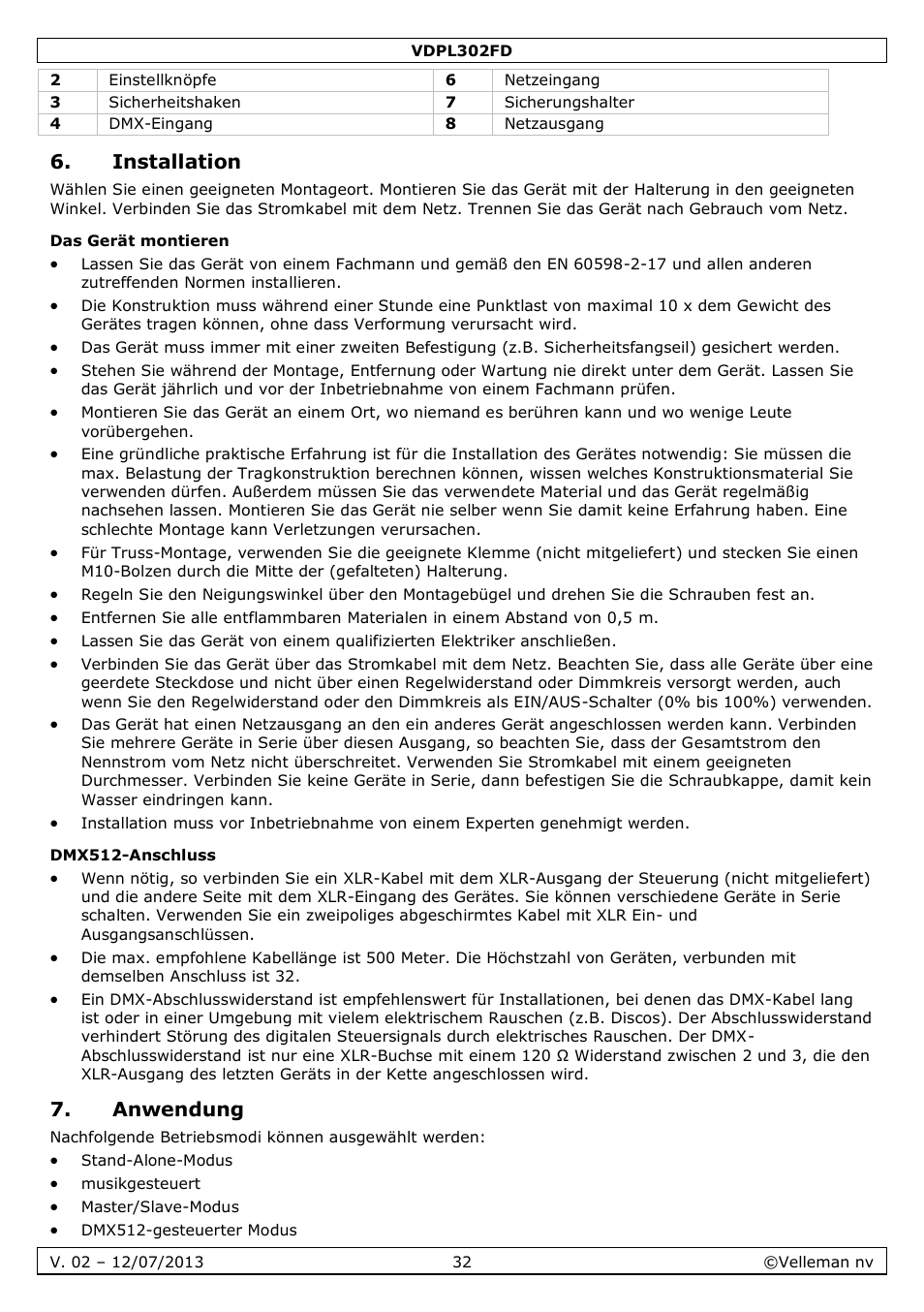 Installation, Das gerät montieren, Dmx512-anschluss | Anwendung | Velleman VDPL302FD User Manual | Page 32 / 38