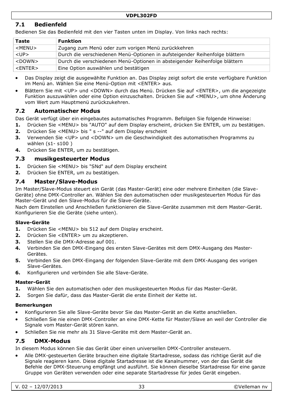 1 bedienfeld, 2 automatischer modus, 3 musikgesteuerter modus | 4 master/slave-modus, Slave-geräte, Master-gerät, Bemerkungen, 5 dmx-modus | Velleman VDPL302FD User Manual | Page 33 / 38