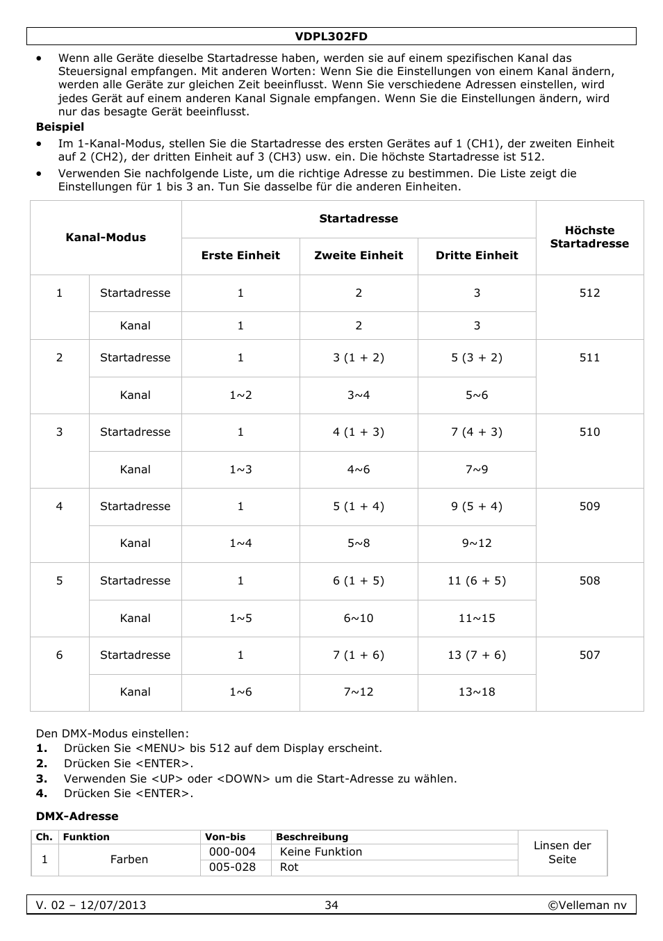 Dmx-adresse | Velleman VDPL302FD User Manual | Page 34 / 38