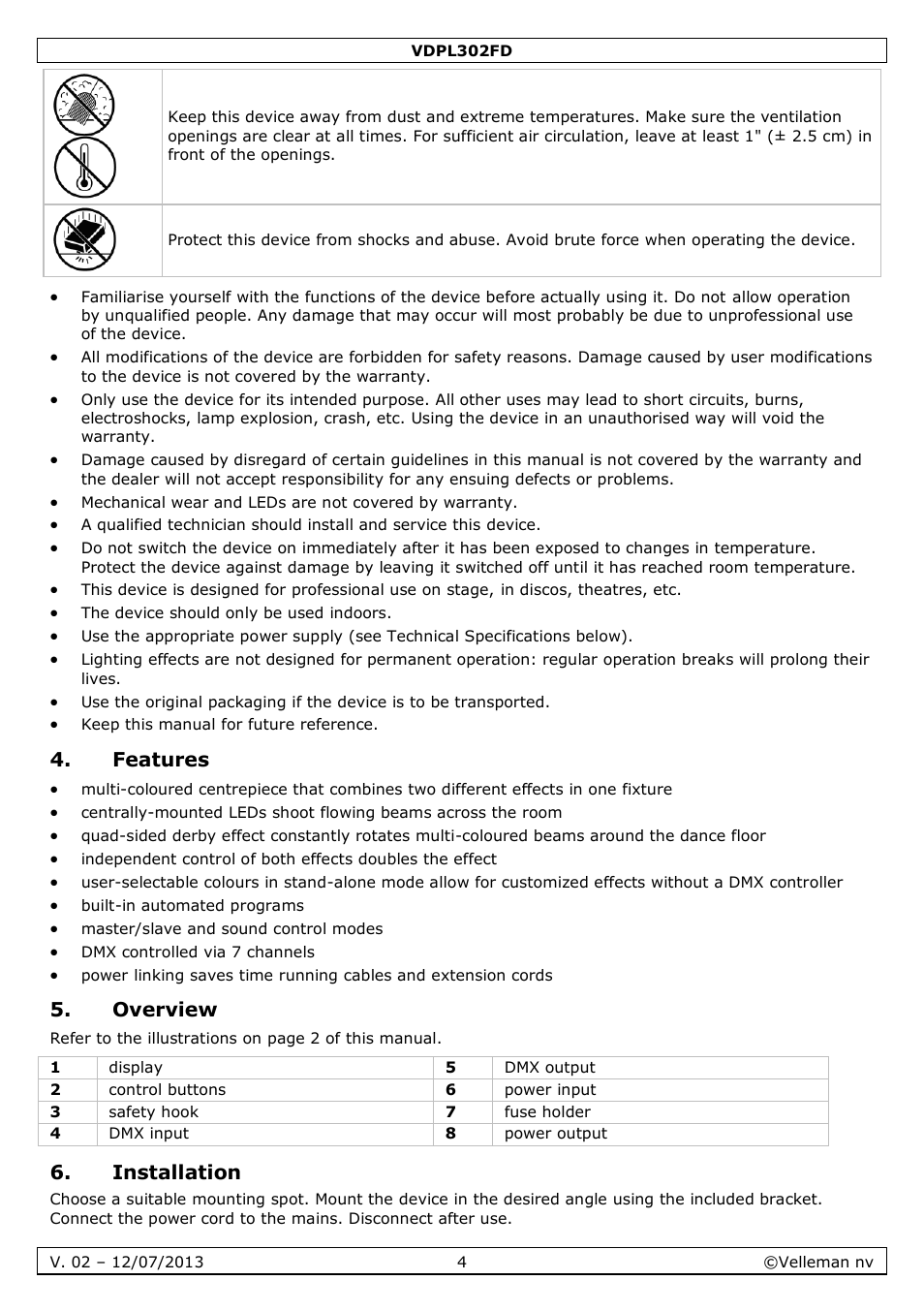Features, Overview, Installation | Velleman VDPL302FD User Manual | Page 4 / 38