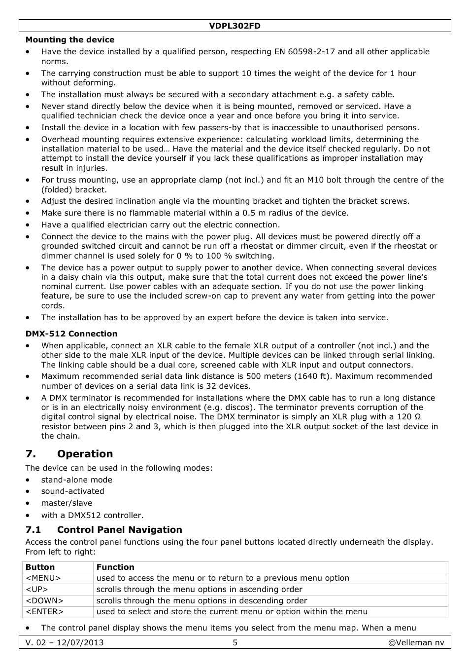 Mounting the device, Dmx-512 connection, Operation | 1 control panel navigation | Velleman VDPL302FD User Manual | Page 5 / 38