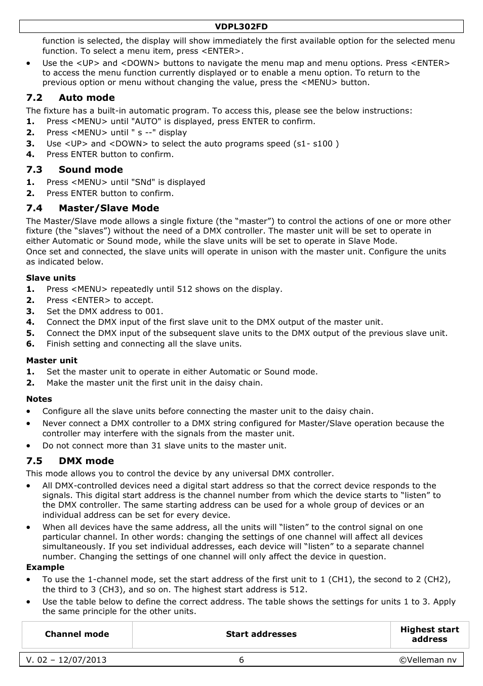 2 auto mode, 3 sound mode, 4 master/slave mode | Slave units, Master unit, Notes, 5 dmx mode | Velleman VDPL302FD User Manual | Page 6 / 38