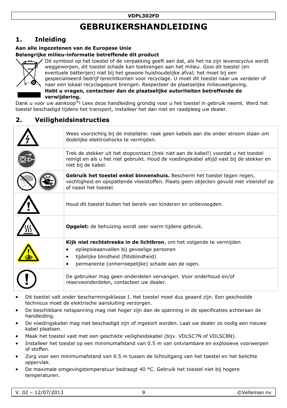 Gebruikershandleiding, Inleiding, Veiligheidsinstructies | Velleman VDPL302FD User Manual | Page 9 / 38