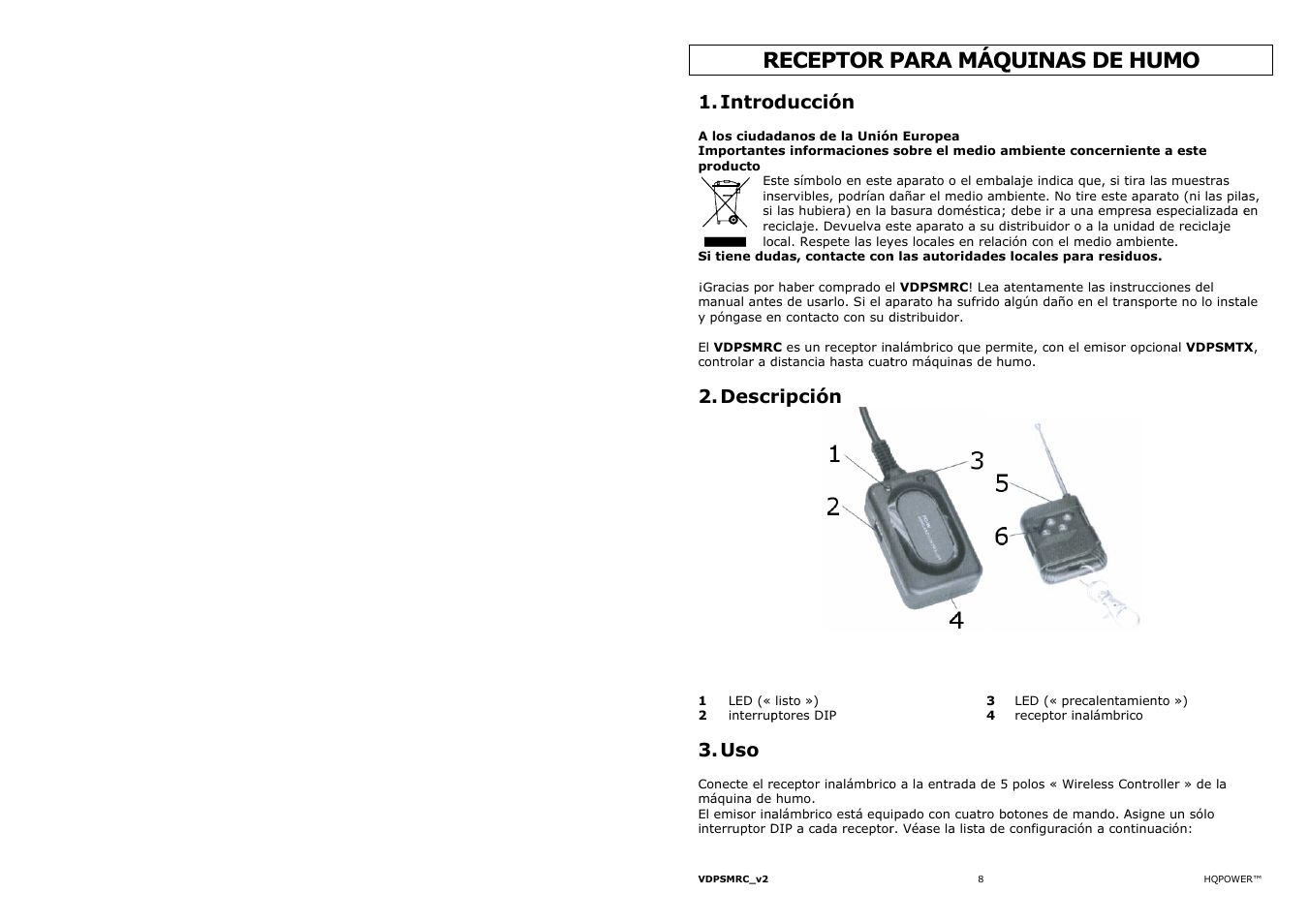 Receptor, Para máq, Quinas de | Humo, Intro, Descr, Oducción, Ripción | Velleman VDPSMRC User Manual | Page 8 / 13