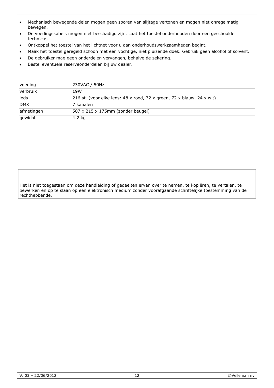 Technische specificaties | Velleman VDPL300QF2 User Manual | Page 12 / 29