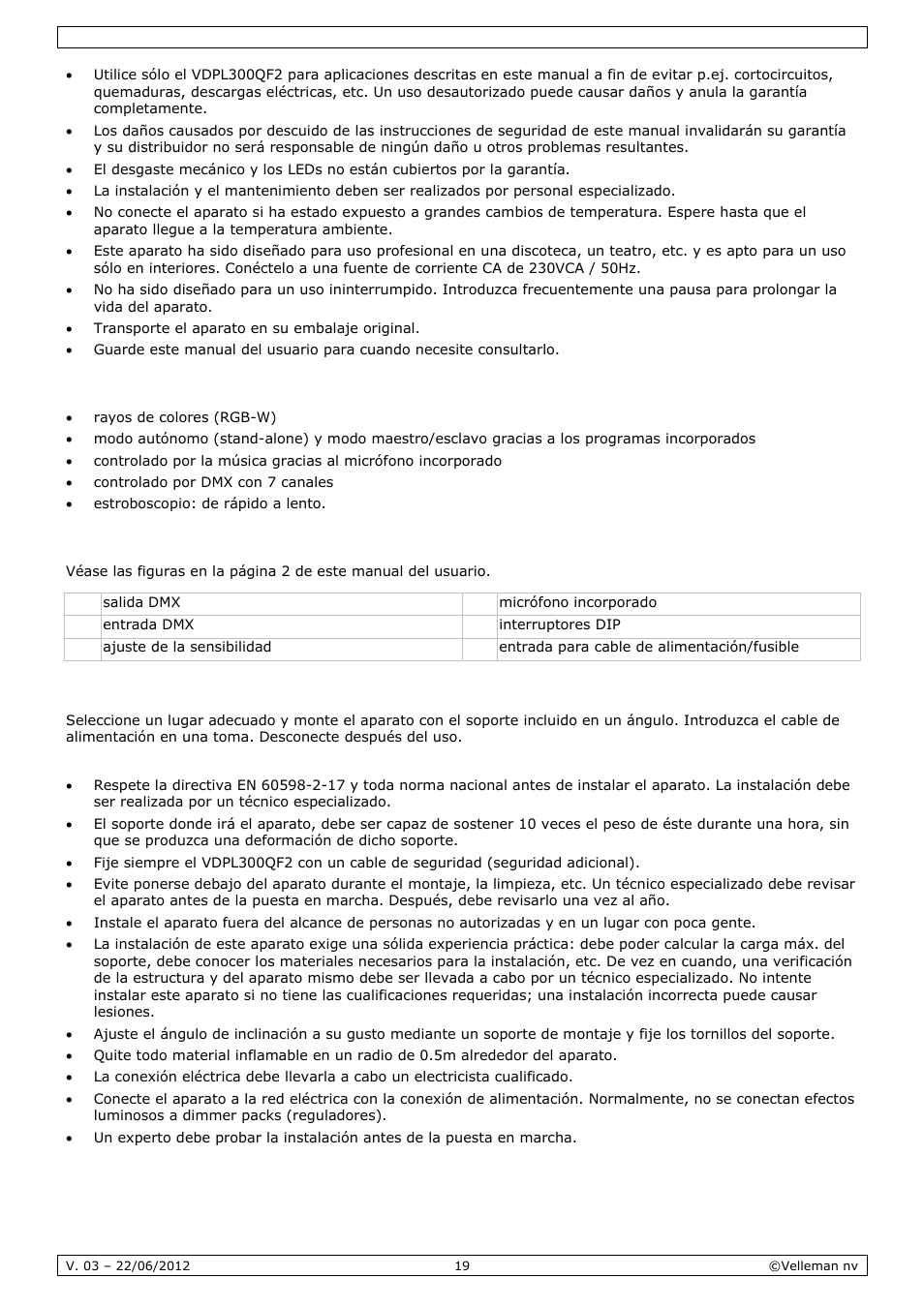 Características, Descripción, Instalación | Velleman VDPL300QF2 User Manual | Page 19 / 29