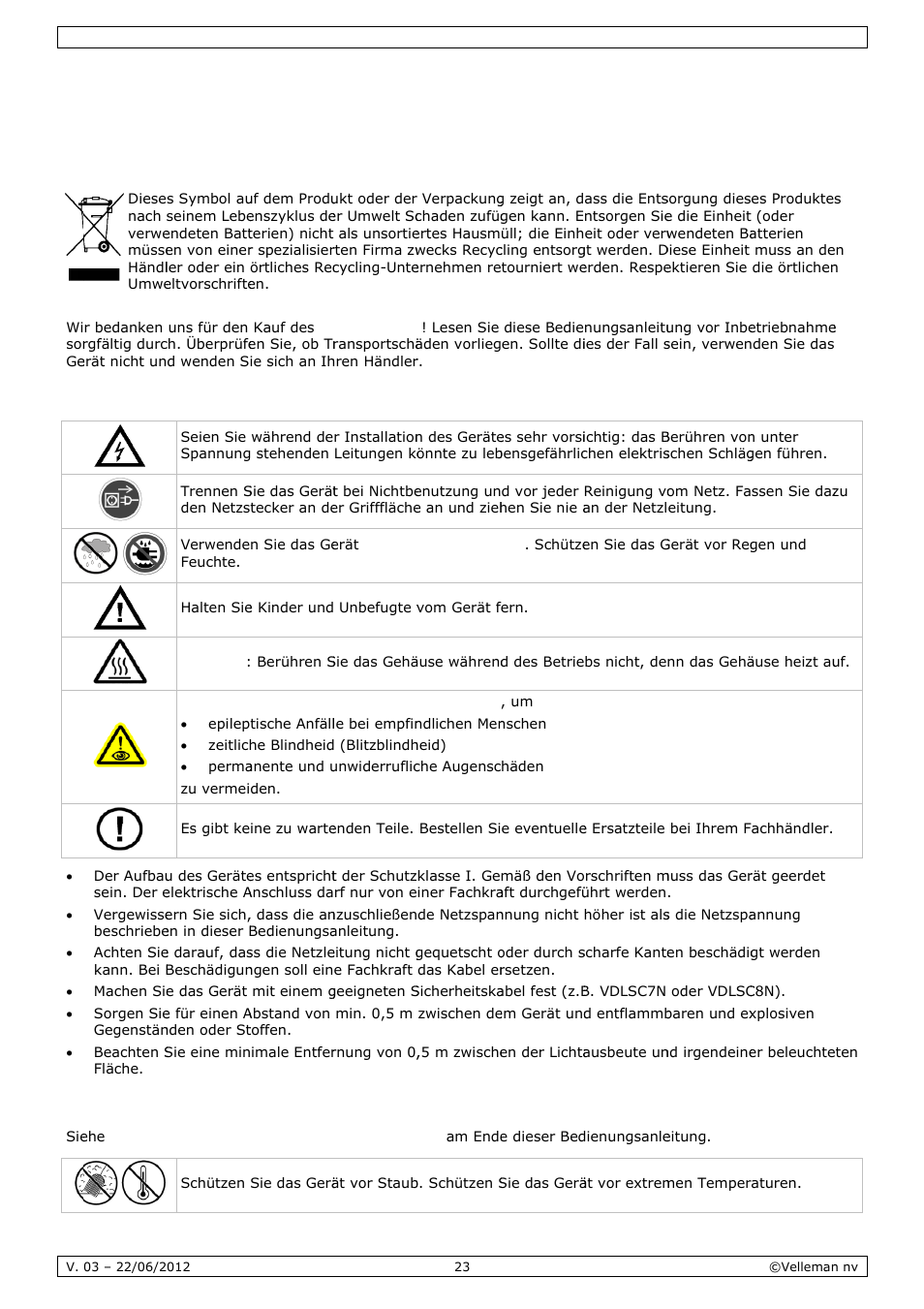 Bedienungsanleitung, Dienun, Ngsan | Nleitu, Einfü, Siche, Allge, Ührung, Erheitsh, Emeine r | Velleman VDPL300QF2 User Manual | Page 23 / 29