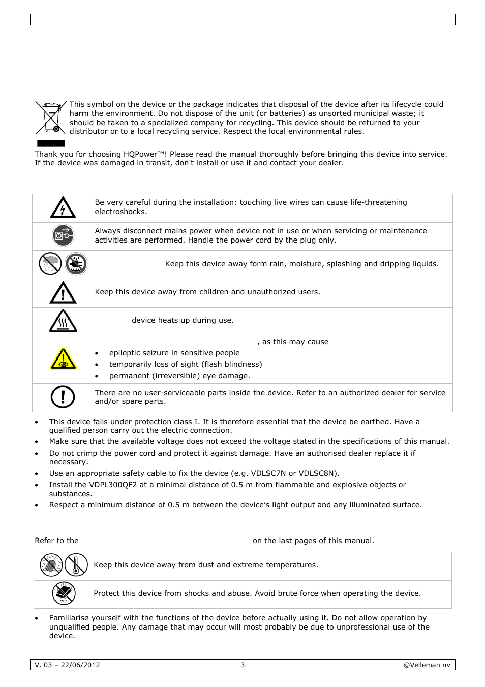 User manual, R man, Nual | Intro, Safet, Gene, Oduction, Ty instru, Eral guid, Uctions | Velleman VDPL300QF2 User Manual | Page 3 / 29