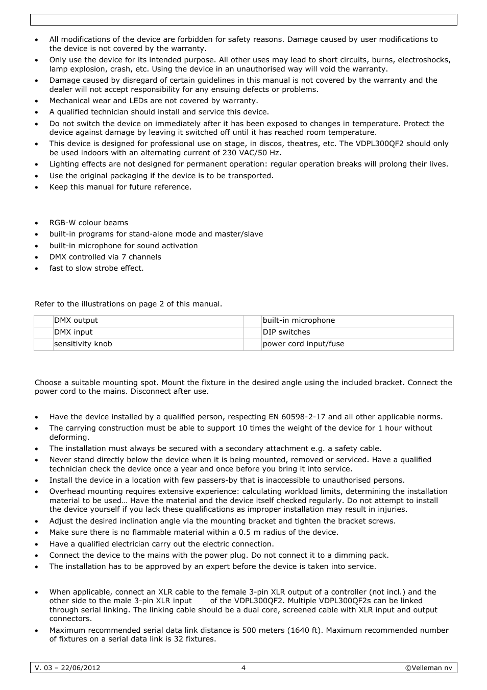 Features, Overview, Installation | Velleman VDPL300QF2 User Manual | Page 4 / 29