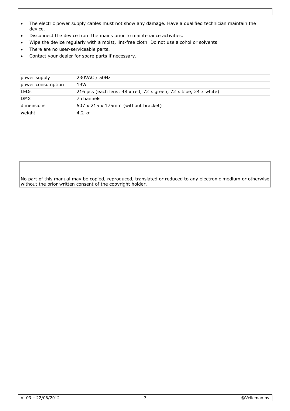 Technical specifications | Velleman VDPL300QF2 User Manual | Page 7 / 29