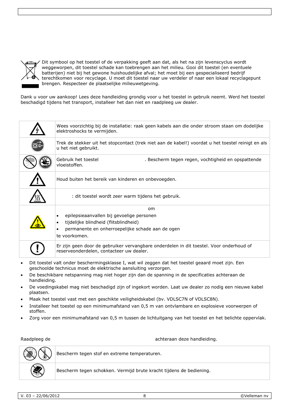 Gebruikershandleiding, Gebr, Ruiker | Rshan, Ndleid, Inlei, Veilig, Algem, Ding, Gheidsin | Velleman VDPL300QF2 User Manual | Page 8 / 29