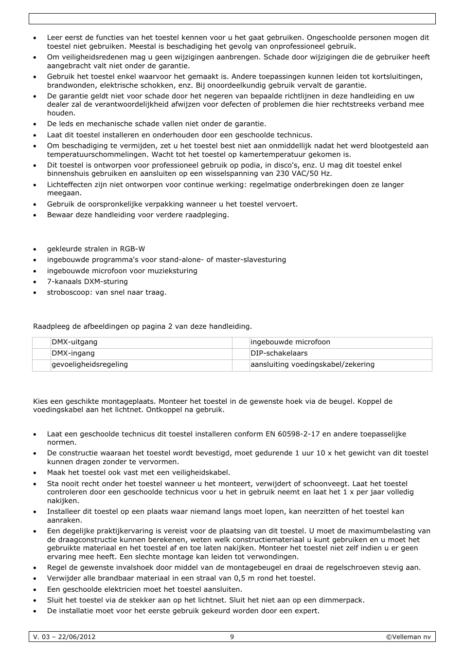 Eigenschappen, Omschrijving, Installatie | Velleman VDPL300QF2 User Manual | Page 9 / 29