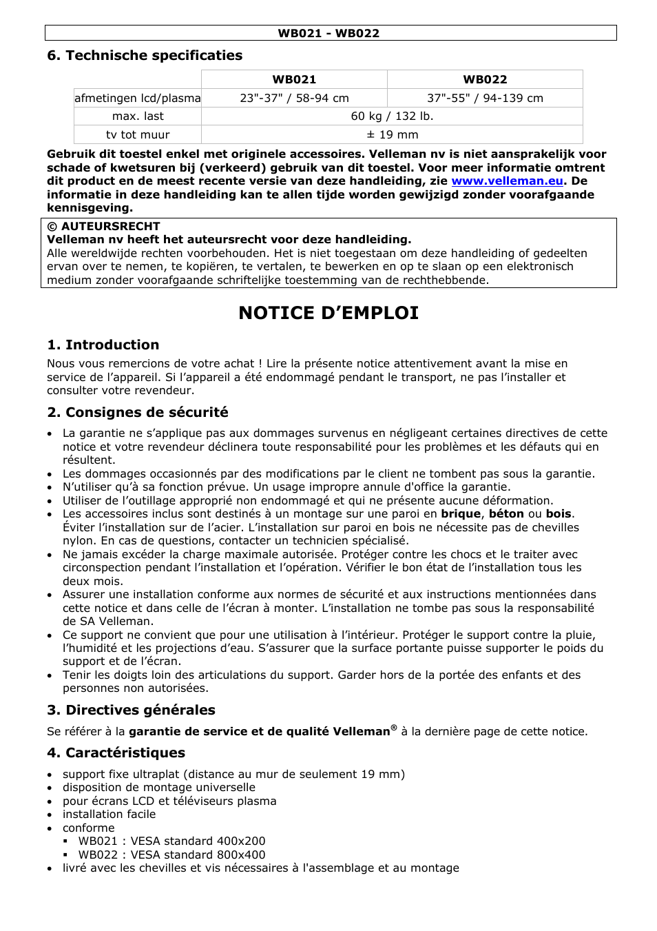 Notice d'emploi, Notice d’emploi | Velleman WB021 User Manual | Page 6 / 14