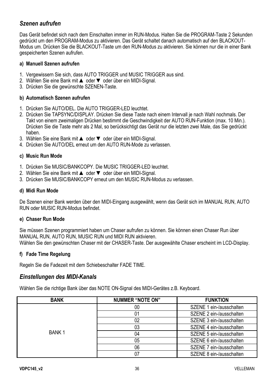 Szenen aufrufen, Einstellungen des midi-kanals | Velleman VDPC145 User Manual | Page 36 / 47