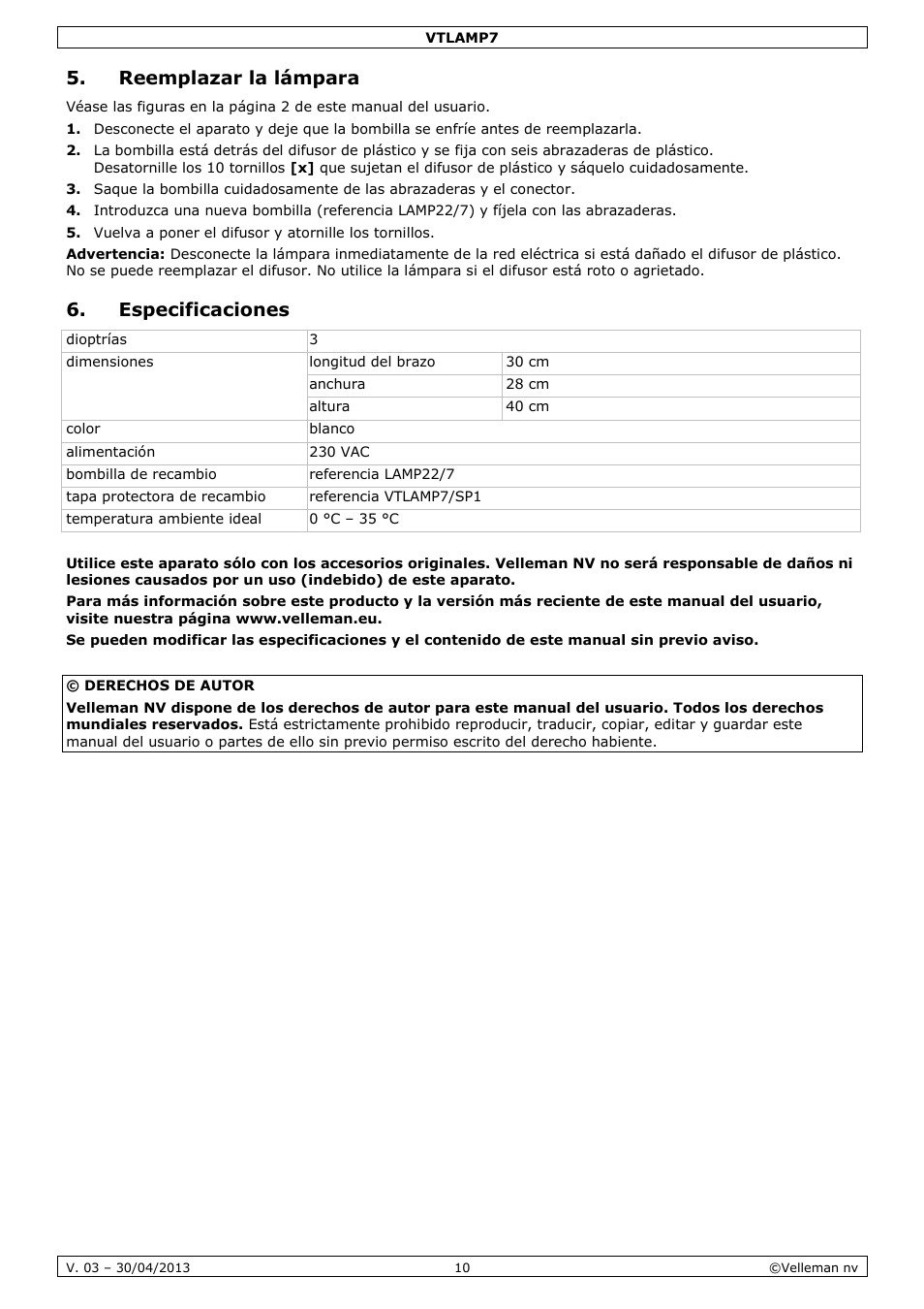 Reemplazar la lámpara, Especificaciones | Velleman VTLAMP7 User Manual | Page 10 / 18
