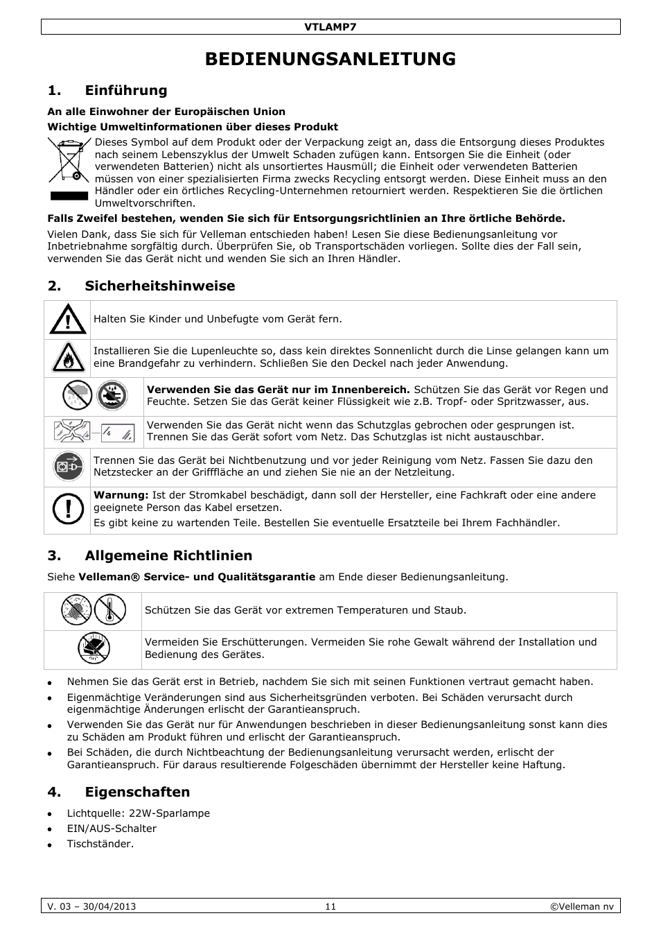 Bedienungsanleitung, Einführung, Sicherheitshinweise | Allgemeine richtlinien, Eigenschaften | Velleman VTLAMP7 User Manual | Page 11 / 18