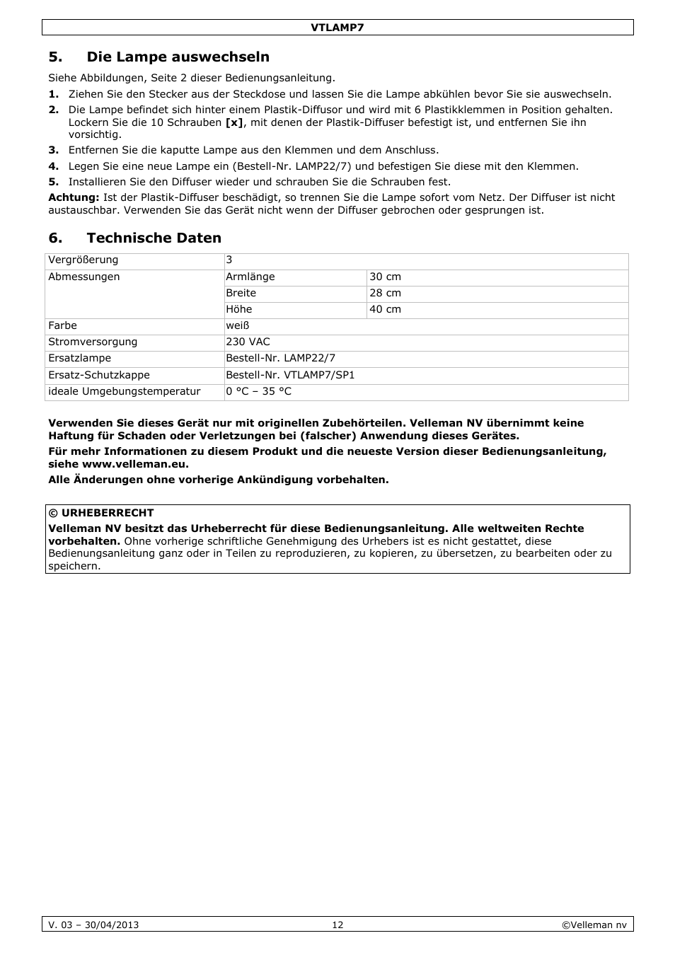 Die lampe auswechseln, Technische daten | Velleman VTLAMP7 User Manual | Page 12 / 18