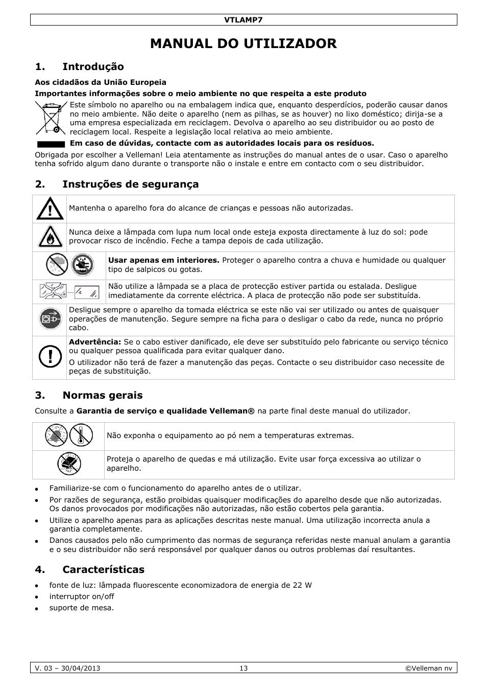 Manual do utilizador, Introdução, Instruções de segurança | Normas gerais, Características | Velleman VTLAMP7 User Manual | Page 13 / 18