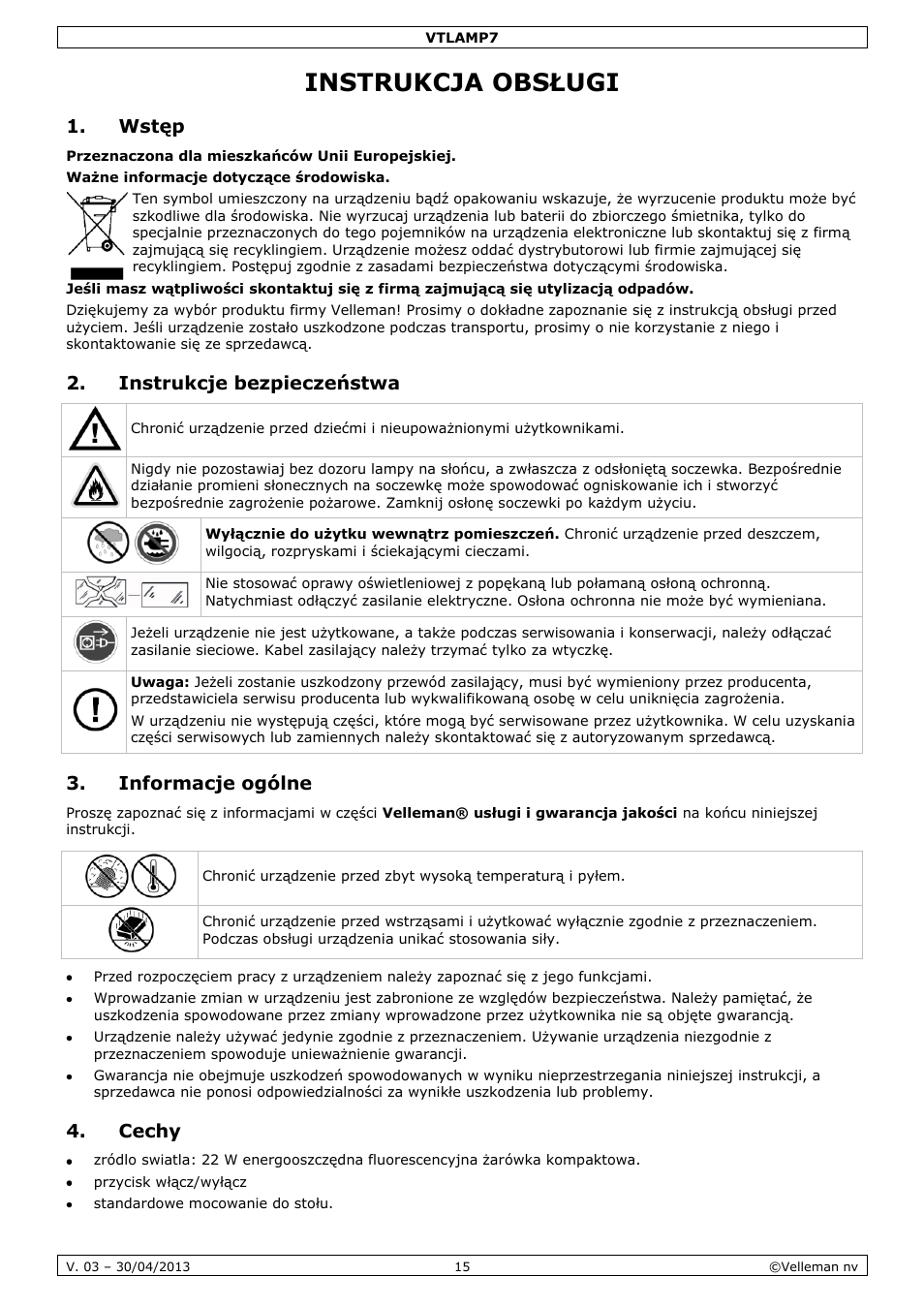 Instrukcja obsługi, Wstęp, Instrukcje bezpieczeństwa | Informacje ogólne, Cechy | Velleman VTLAMP7 User Manual | Page 15 / 18