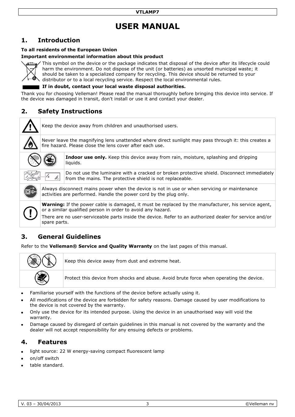 User manual, Introduction, Safety instructions | General guidelines, Features | Velleman VTLAMP7 User Manual | Page 3 / 18