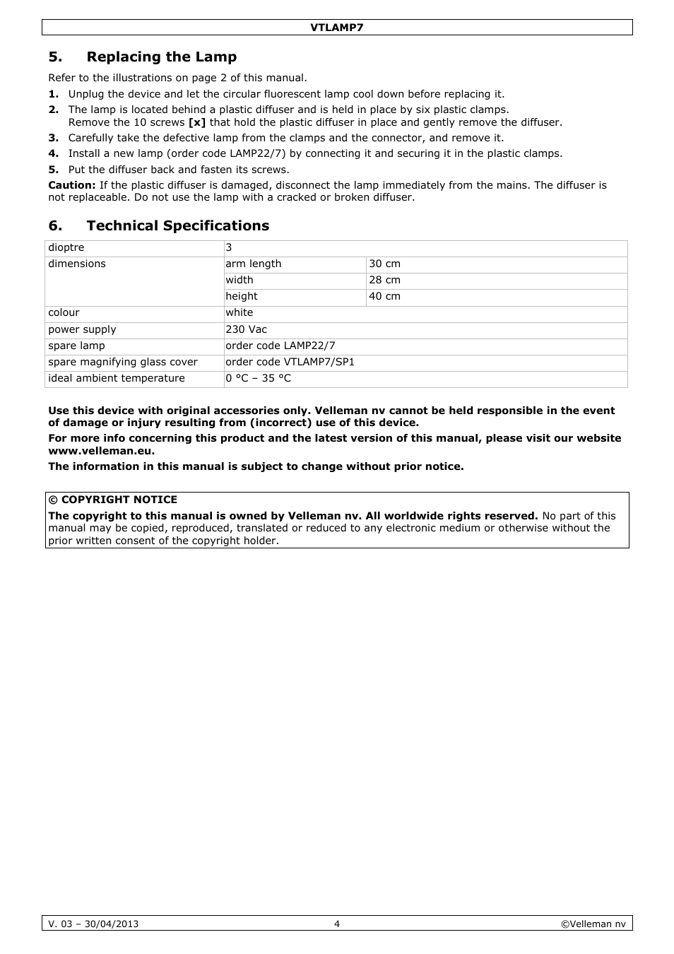 Replacing the lamp, Technical specifications | Velleman VTLAMP7 User Manual | Page 4 / 18