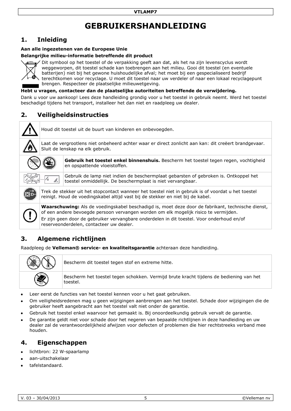 Gebruikershandleiding, Inleiding, Veiligheidsinstructies | Algemene richtlijnen, Eigenschappen | Velleman VTLAMP7 User Manual | Page 5 / 18