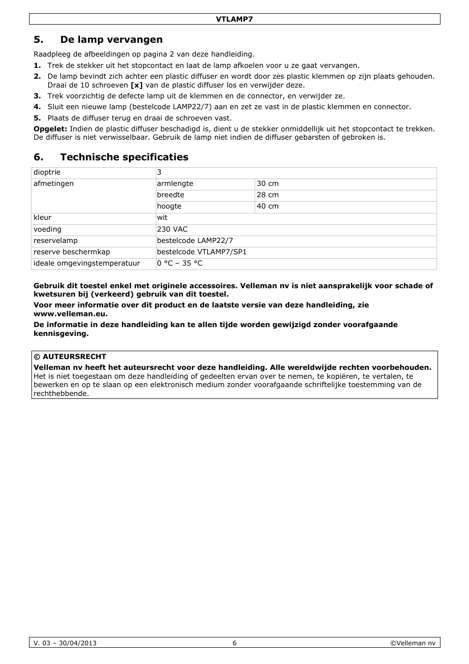 De lamp vervangen, Technische specificaties | Velleman VTLAMP7 User Manual | Page 6 / 18