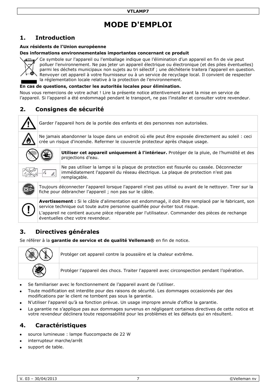 Mode d'emploi, Introduction, Consignes de sécurité | Directives générales, Caractéristiques | Velleman VTLAMP7 User Manual | Page 7 / 18