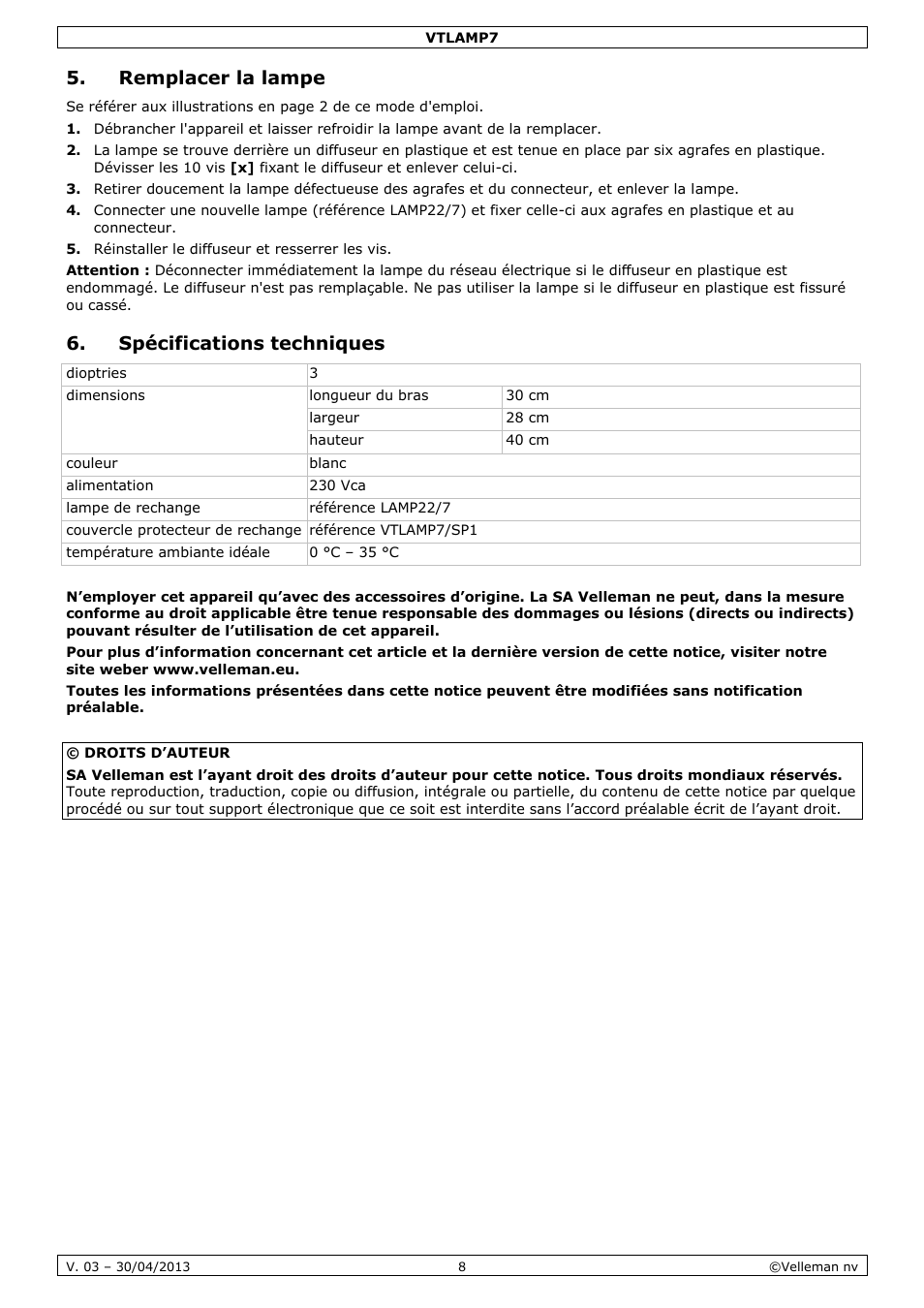 Remplacer la lampe, Spécifications techniques | Velleman VTLAMP7 User Manual | Page 8 / 18