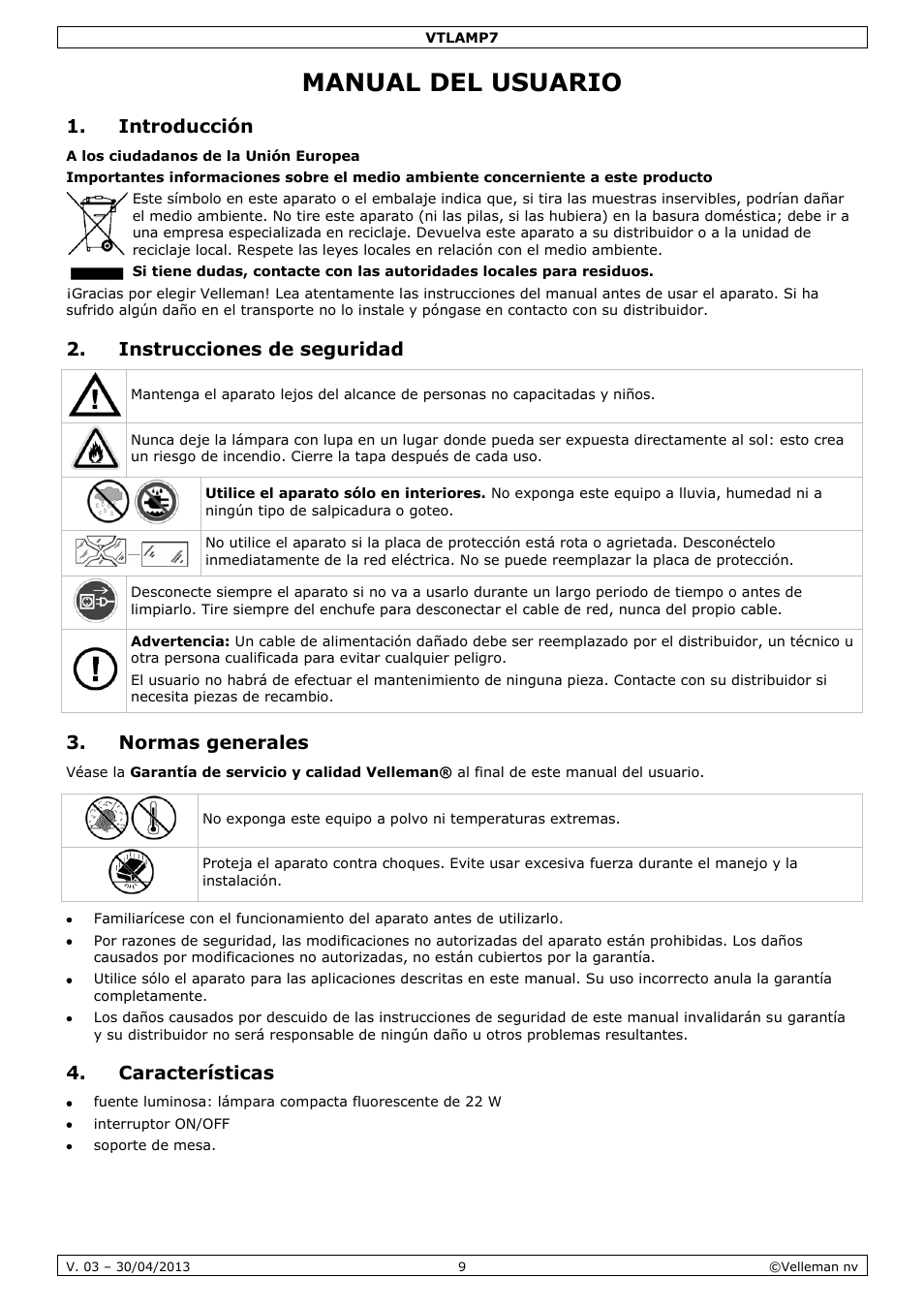 Manual del usuario, Introducción, Instrucciones de seguridad | Normas generales, Características | Velleman VTLAMP7 User Manual | Page 9 / 18