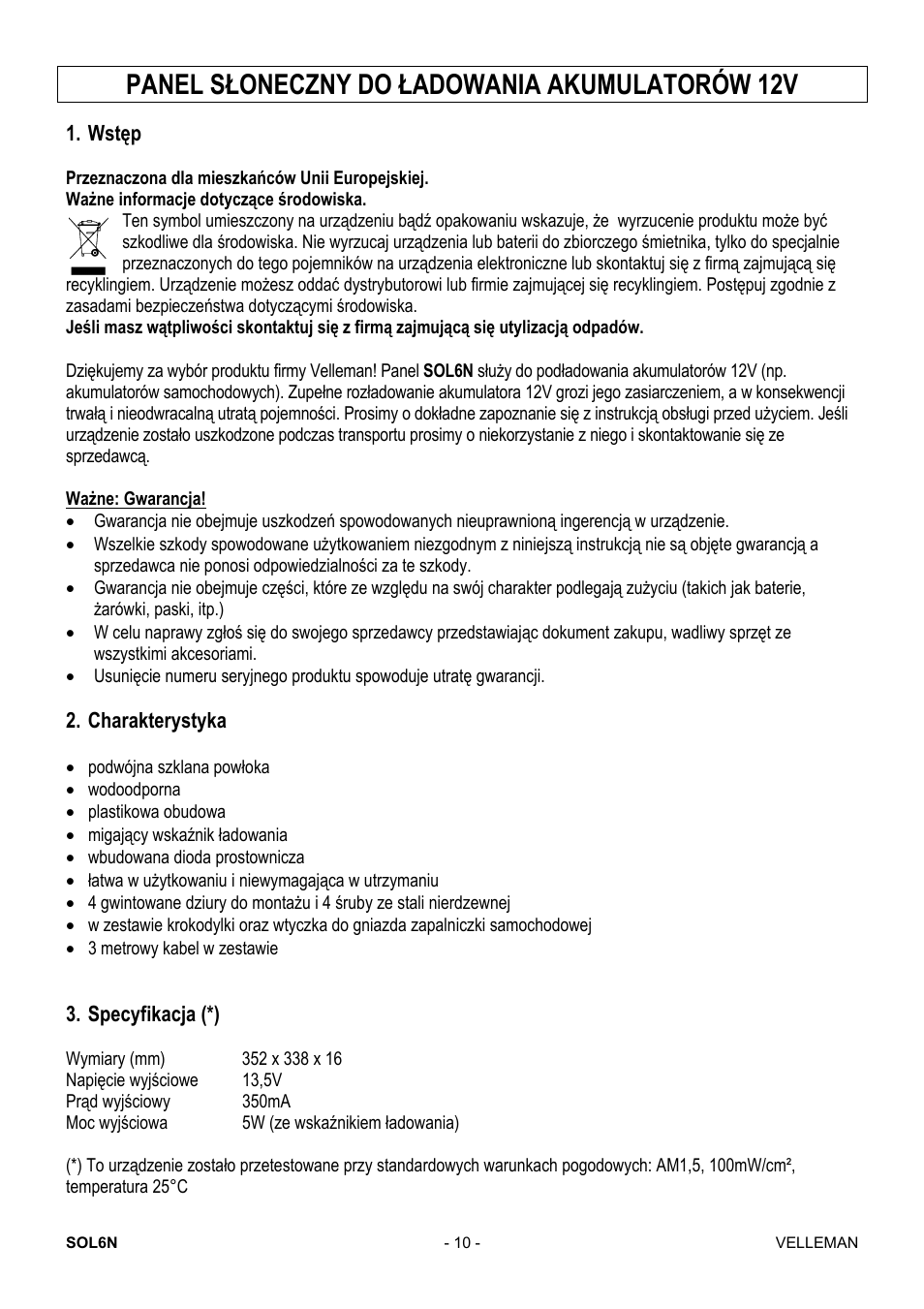 Panel słoneczny do ładowania akumulatorów 12v | Velleman SOL6N User Manual | Page 10 / 18