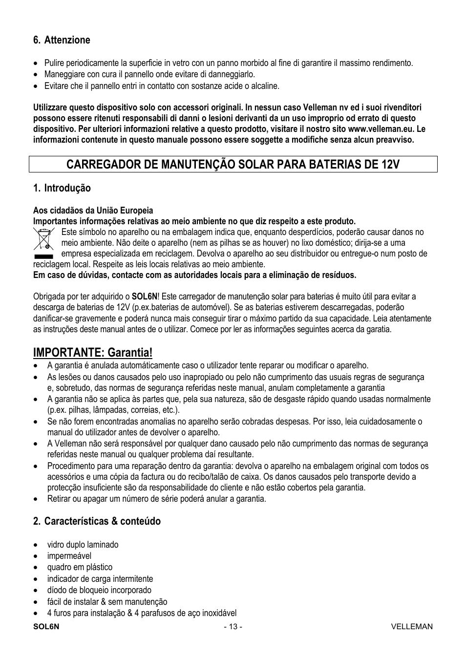 Importante: garantia | Velleman SOL6N User Manual | Page 13 / 18