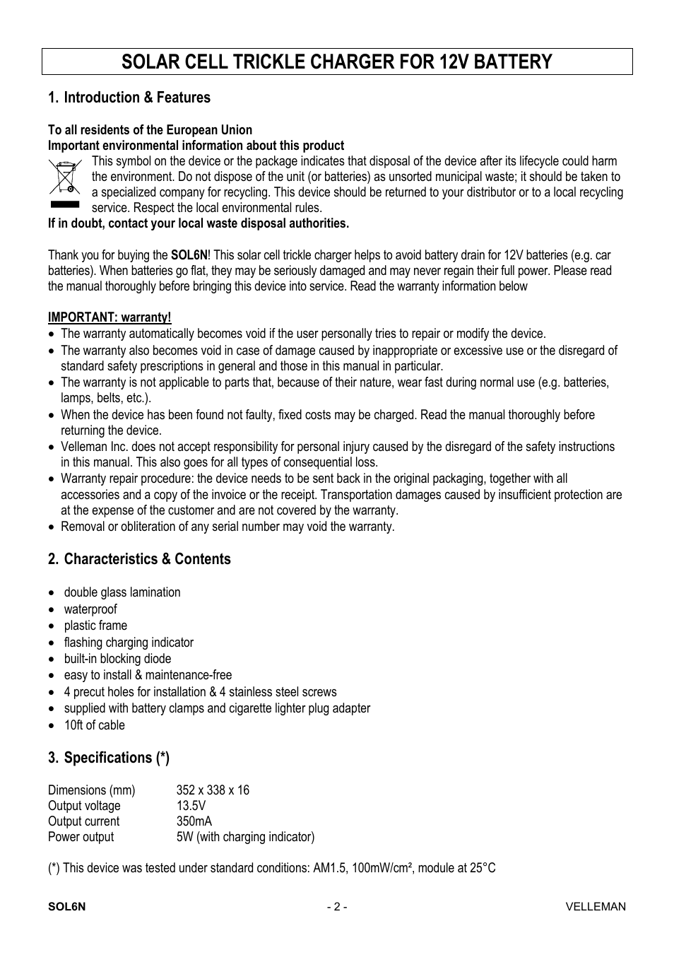 Solar cell trickle charger for 12v battery | Velleman SOL6N User Manual | Page 2 / 18