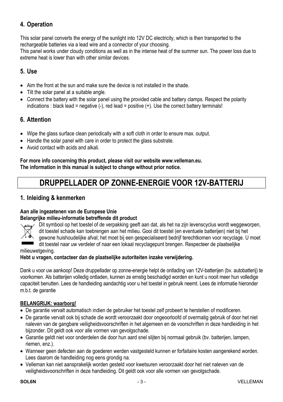 Druppellader op zonne-energie voor 12v-batterij | Velleman SOL6N User Manual | Page 3 / 18