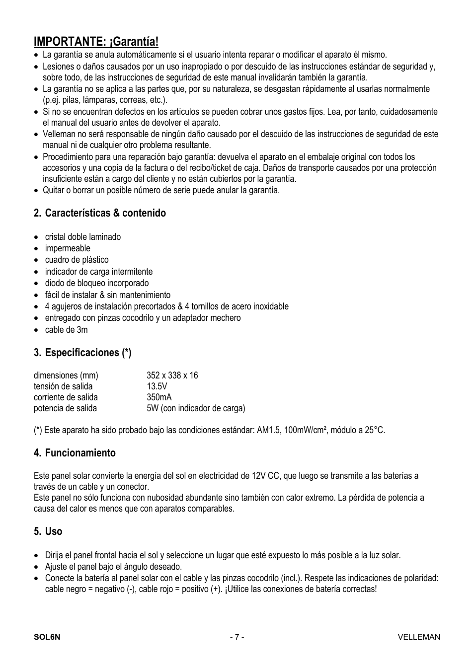 Importante: ¡garantía | Velleman SOL6N User Manual | Page 7 / 18