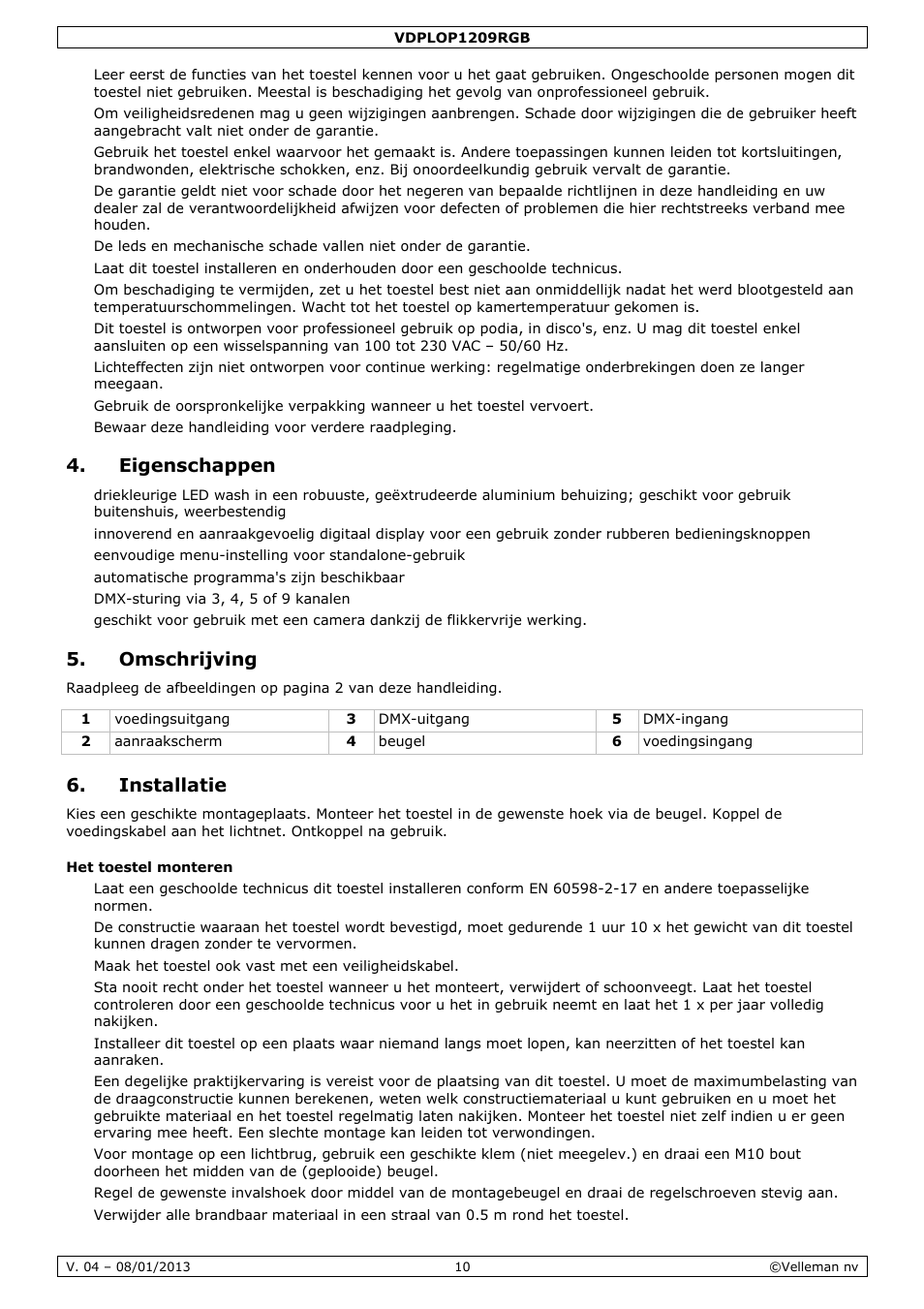 Eigenschappen, Omschrijving, Installatie | Velleman VDPLOP1209RGB User Manual | Page 10 / 38