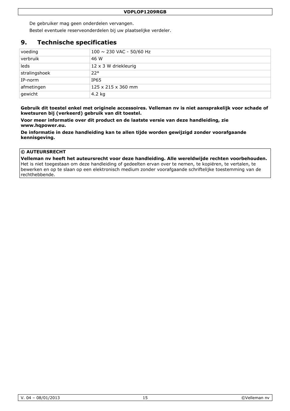 Technische specificaties | Velleman VDPLOP1209RGB User Manual | Page 15 / 38