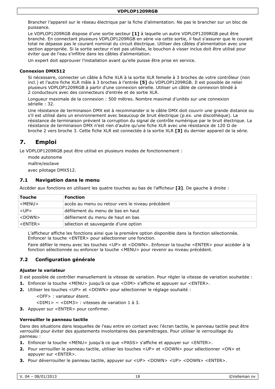 Emploi | Velleman VDPLOP1209RGB User Manual | Page 18 / 38