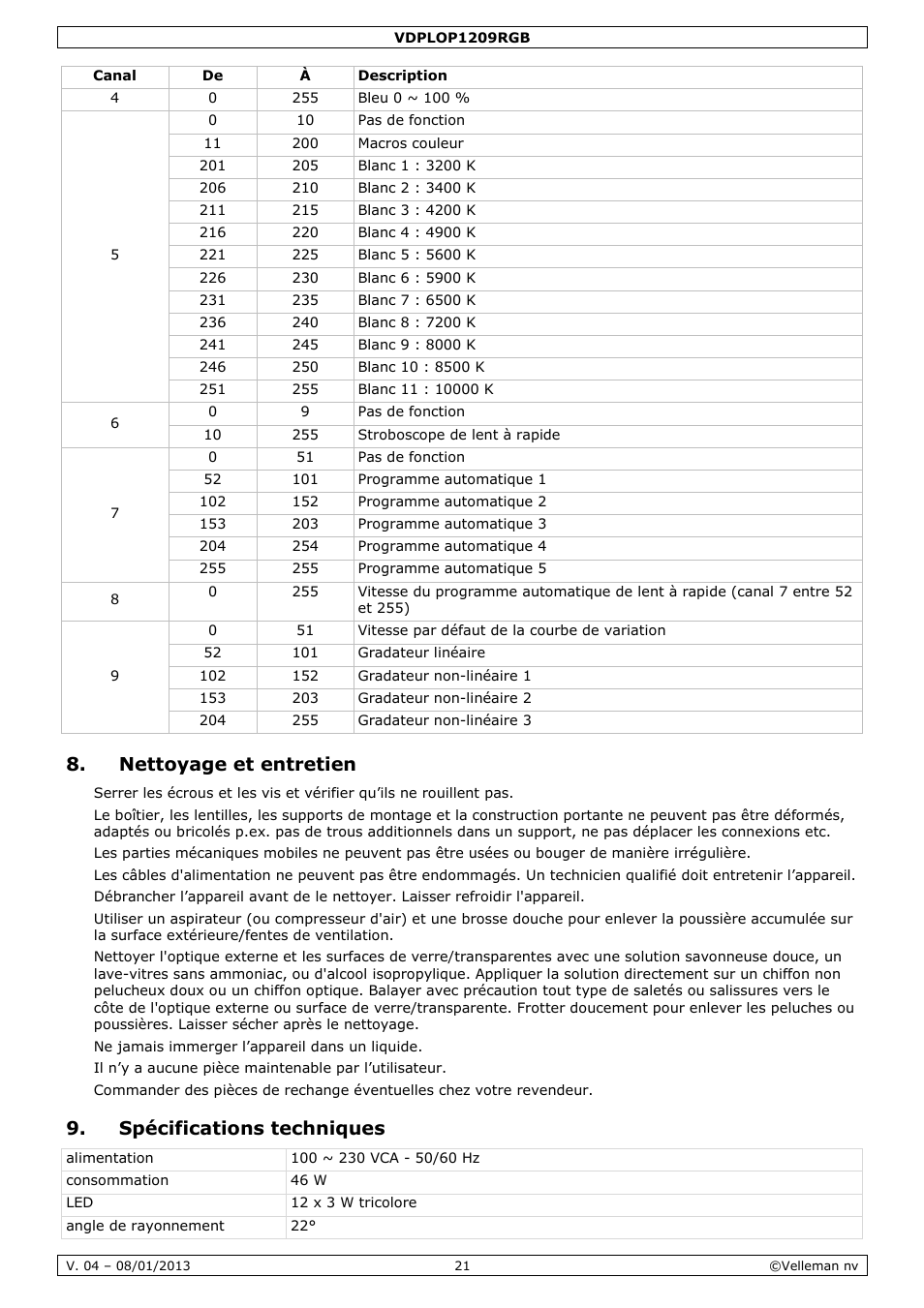 Nettoyage et entretien, Spécifications techniques | Velleman VDPLOP1209RGB User Manual | Page 21 / 38