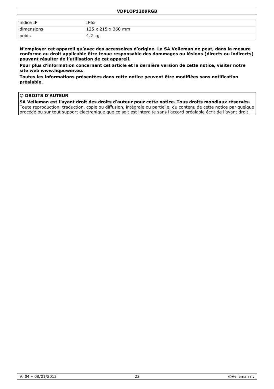 Velleman VDPLOP1209RGB User Manual | Page 22 / 38