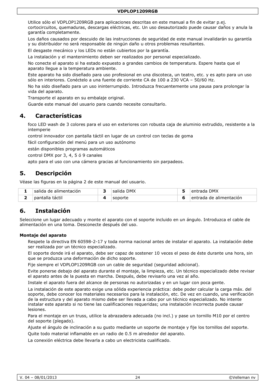 Características, Descripción, Instalación | Velleman VDPLOP1209RGB User Manual | Page 24 / 38