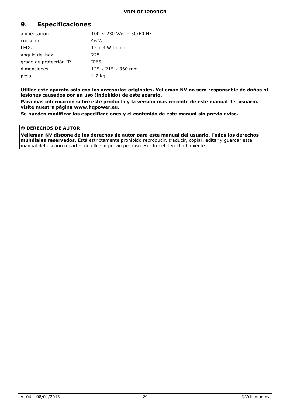 Especificaciones | Velleman VDPLOP1209RGB User Manual | Page 29 / 38
