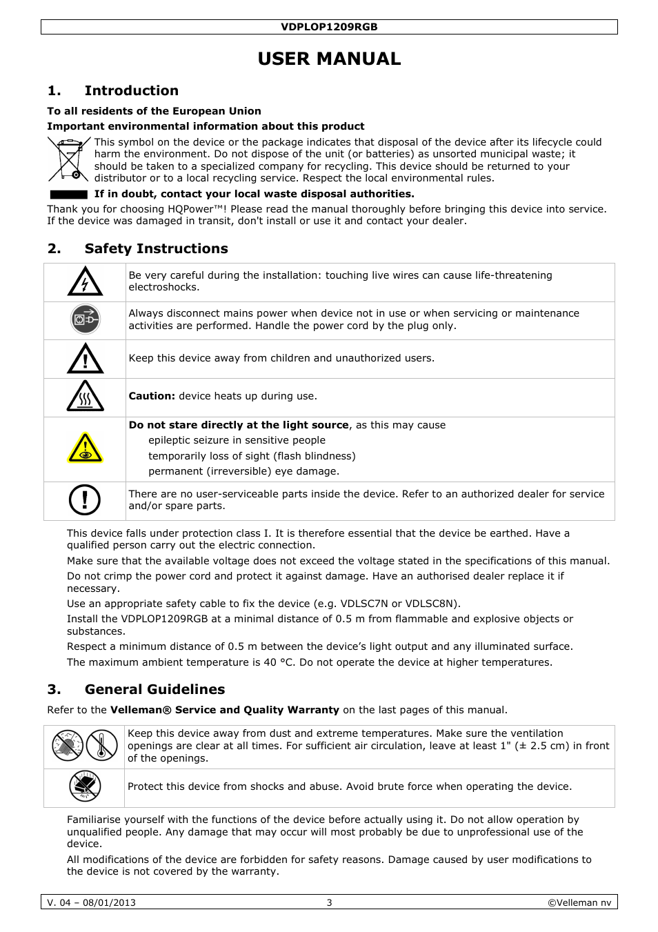 User manual, Introduction, Safety instructions | General guidelines | Velleman VDPLOP1209RGB User Manual | Page 3 / 38