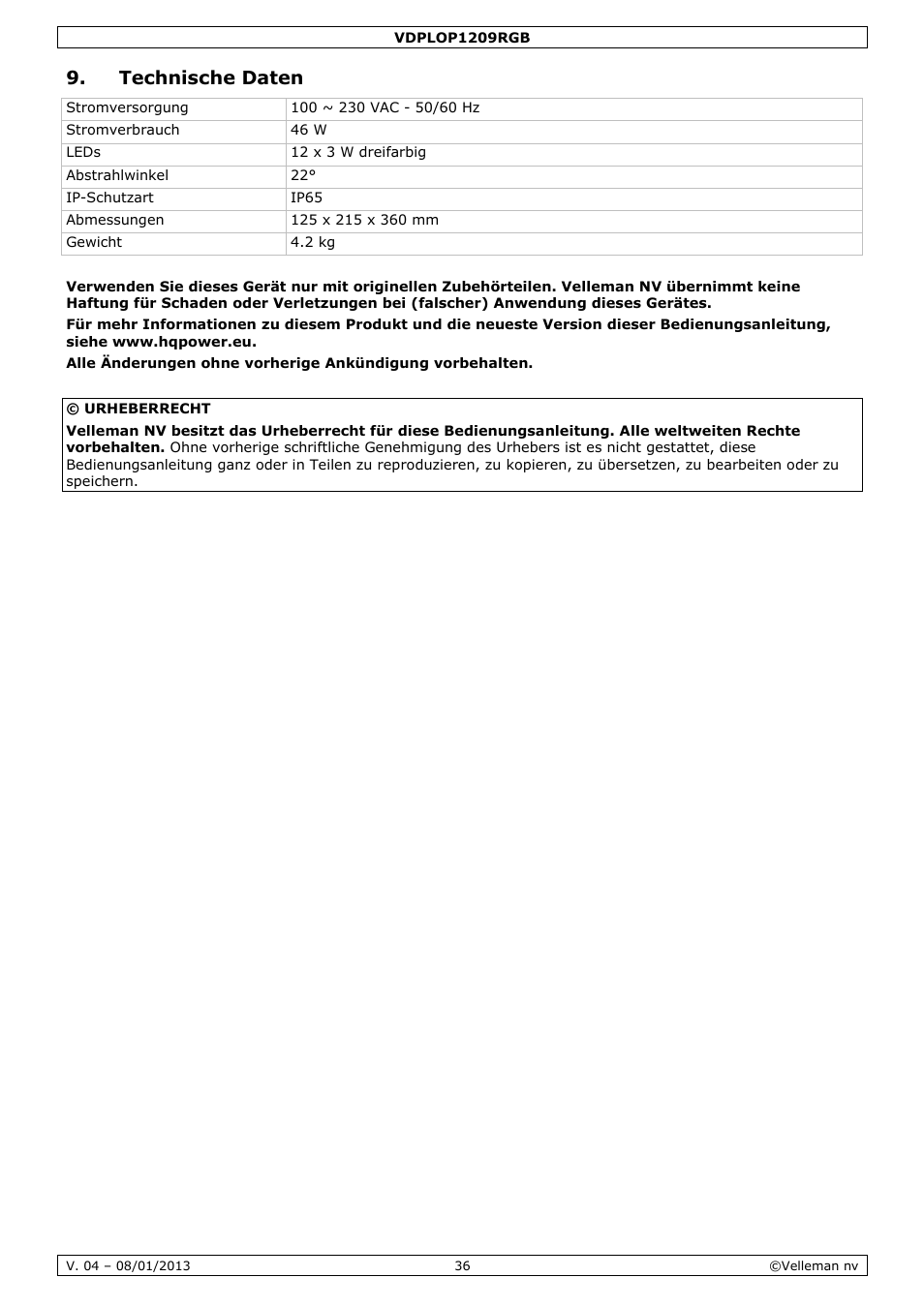Technische daten | Velleman VDPLOP1209RGB User Manual | Page 36 / 38
