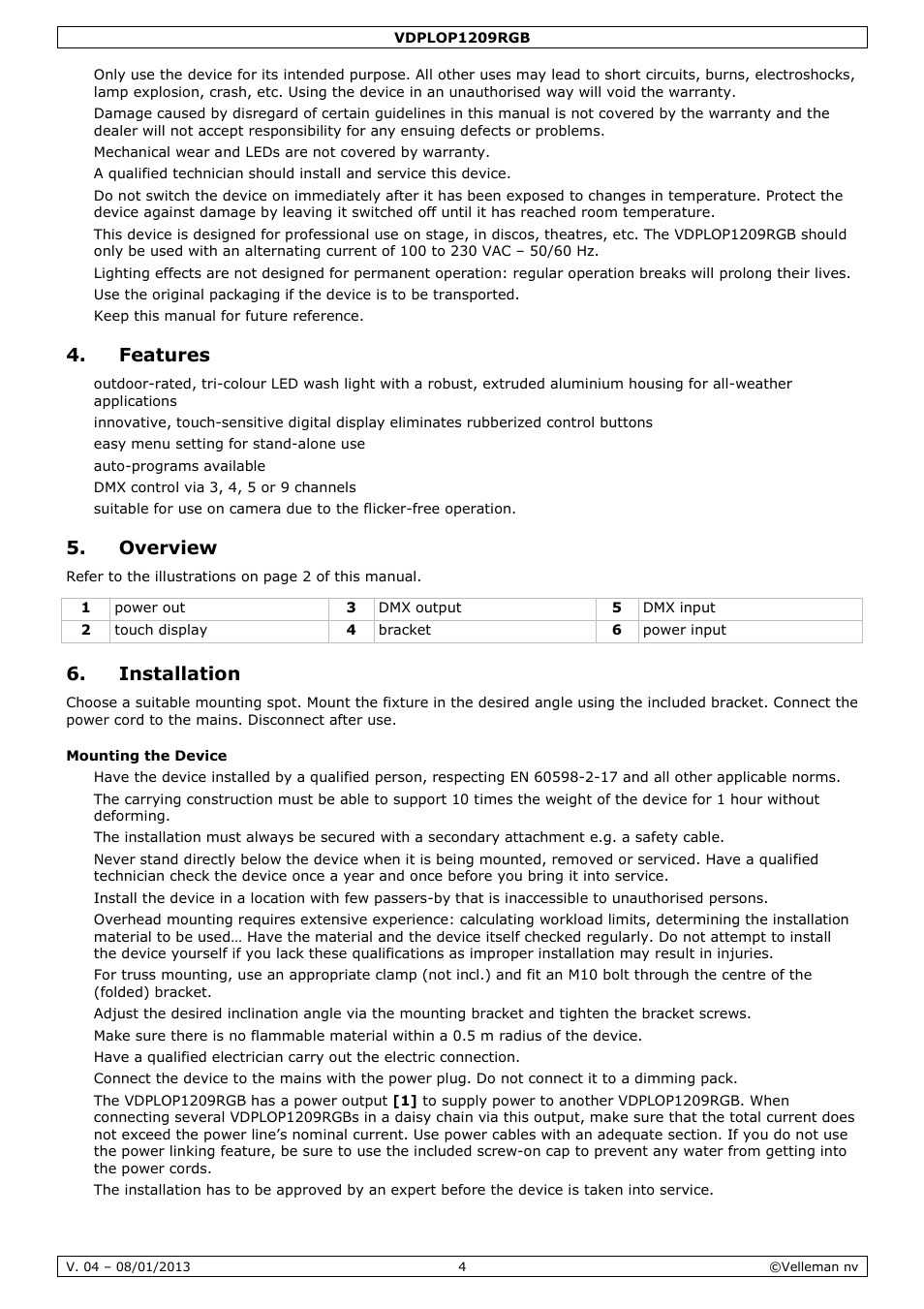 Features, Overview, Installation | Velleman VDPLOP1209RGB User Manual | Page 4 / 38